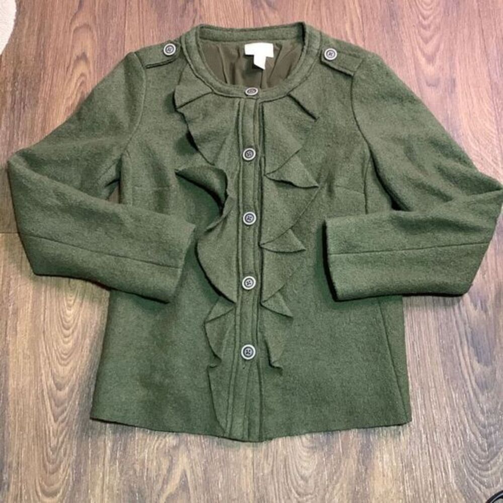 Chico’s green wool blend ruffle‎ jacket / sweater / earthy cottagecore